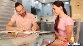 Petite teen Daisy Phoenix gives a deepthroat blowjob and sways on cock