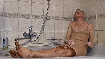 Quickie Self Satisfaction in Shower in nude lingerie