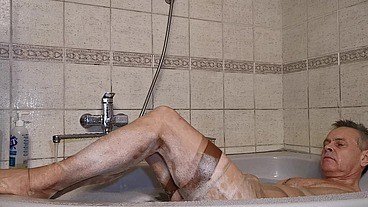 Quickie Self Satisfaction in Shower in nude lingerie