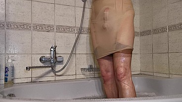 Quickie Self Satisfaction in Shower in nude lingerie