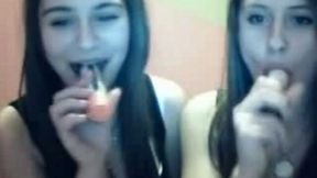 Two sweet and playful brunette teens flash boobies