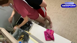 Fucked her in the kitchen Real sex on camera.