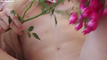 Delicious blonde got completely naked in the middle of the day and showed us her pussy