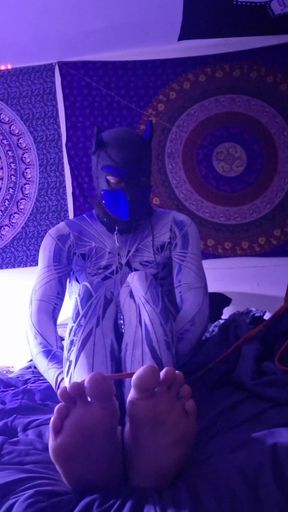 Solo Puppy Play Bodysuit Feet Bare. Self Bondage Rope Mask Anal Tail