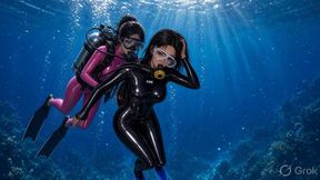 Wetsuit Lesbian Scuba Sex — Senior Diver Dominates New Hire Underwater — Regulator Breath Play, Mask On, Aquarium & Beach