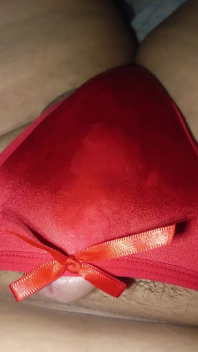 Wife's Sexy Red Thong Full of Cum!