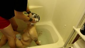 CFNF Washing Lather Young Dyke & Milf Both Get soaked & Cum