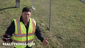 Daring femme gives blowjob to tow truck driver for her car back