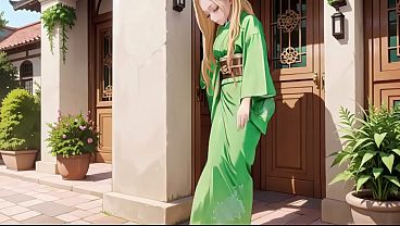 Green Kimono Goddess rides cock in lazy Japanese corridor morning