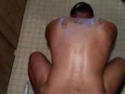 Handsome Guy Bouncing Ass Rough Against Oven In Kitchen On Huge Long Dildo and Taking Long Strokes