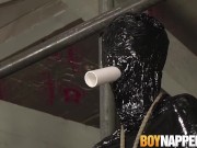 Sub twink wrapped up as a present by his dick sucking master