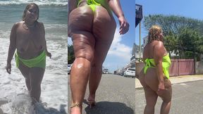 juicy big booty bbw with thick legs at the beach in see through sheer top - big areolas - heels