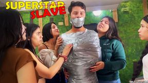 Rude Superstar Mummified and Gagged by Bratty Fangirls