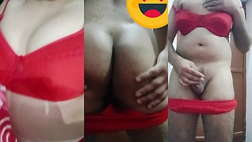 Indian Gay Crossdresser Gaurisissy pressing her big boobs and fingering in her ass in Red honeymoon lingerie hard bdsm sex