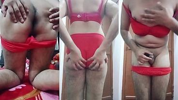 Indian Gay Crossdresser Gaurisissy pressing her big boobs and fingering in her ass in Red honeymoon lingerie hard bdsm sex
