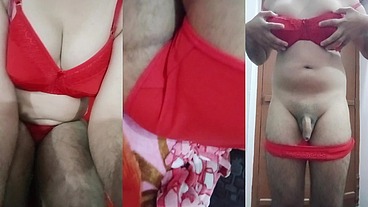 Indian Gay Crossdresser Gaurisissy pressing her big boobs and fingering in her ass in Red honeymoon lingerie hard bdsm sex