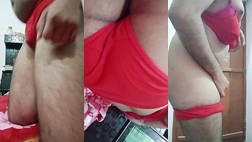 Indian Gay Crossdresser Gaurisissy pressing her big boobs and fingering in her ass in Red honeymoon lingerie hard bdsm sex