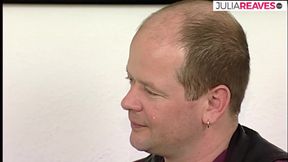 Blonde hottie sucks a huge dildo then rides it on the bed