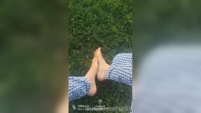 Getting grass stains on my bare soles of my feet Enjoying grounding in nature