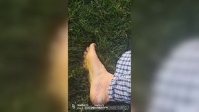 Getting grass stains on my bare soles of my feet Enjoying grounding in nature