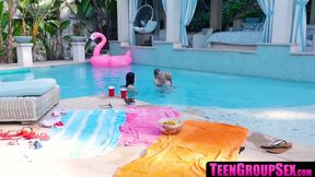 Lesbian pool threesome with horny petite teen sluts