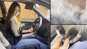 Nastya revs hard and makes a lot of smoke