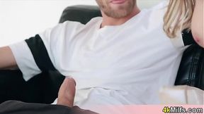 Busty blonde MILF teacher gives POV blowjob and humps cock