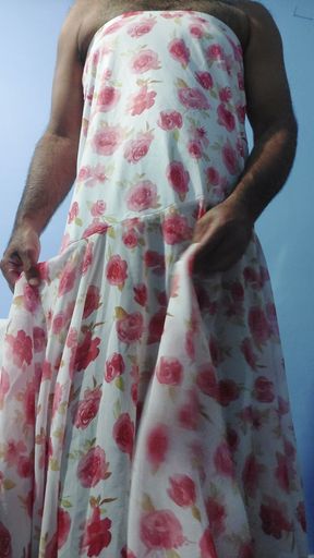 Shemale masterbate and cum wearing a silk seethrough fleard chiffon floral skirt