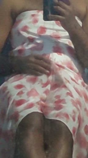 Shemale masterbate and cum wearing a silk seethrough fleard chiffon floral skirt