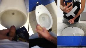 jerking off my big uncut cock in different public bathrooms until i cum