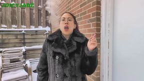 Pinay smoking spitting and coughing outdoors in the snow in vintage fur jacket vol 111