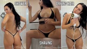 Bathing naked, shaving, drying hair in micro bikini, working on phone - live stream