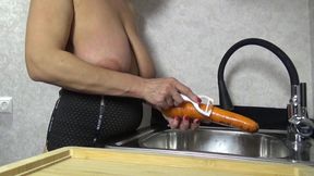Masturbating with a Carrot and Cumming Close-up