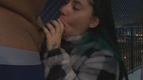 Qos Give a blowjob to her BBC Bull on the balcony