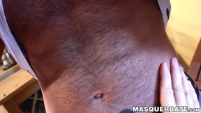 Inked hunk with nipple piercings jizzes after dicksucking