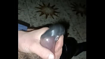 Masturbation with black leather leggings and penis extender