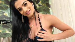 ”Latin big boobs t-girl Caroline Martins sucking prick & enjoys booty fuck”