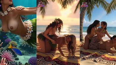 Polynesian beauties cumming on the beach