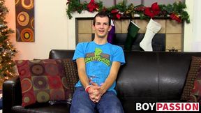 Young twink with huge cock masturbates after an interview