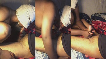 Ebony jerk and rides white cock