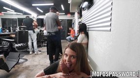 Blonde Lucky Anne fucks cute barber with her lips and wet cunt