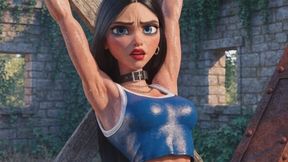 Hot muscled dark haired gym babe in blue sports vest hanging defeated sweating tied to a cross in BDSM Bondage exposing her sweating armpits so you can watch her fit toned body writhe in the heat