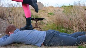 Outdoor boot trampling , amateur femdom feet