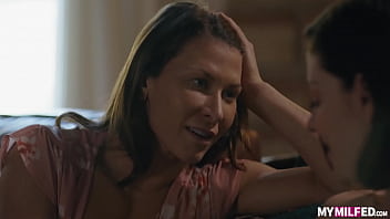 Hot MILF Ariel X gets her big natural tits worshipped and her bald pussy licked