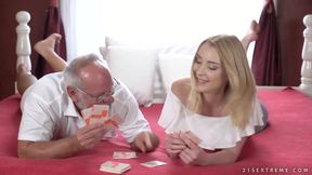 teen girl Amaris plays nude card game with old man