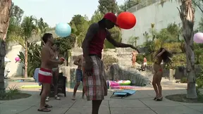 Busty Asian cutie gets a hard black cock pounding by the pool