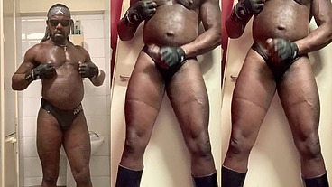 Black Muscle Geared in Tight Trunks Solo Nipple Play Edge & Cum
