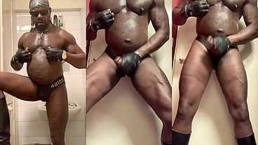 Black Muscle Geared in Tight Trunks Solo Nipple Play Edge & Cum