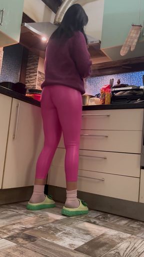 Pink Leather Leggings &amp; Cameltoe Tease in the Kitchen