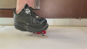 Boy with Buffalo black patent platform sneakers crush stomp smash and destroy damaged toys cars model